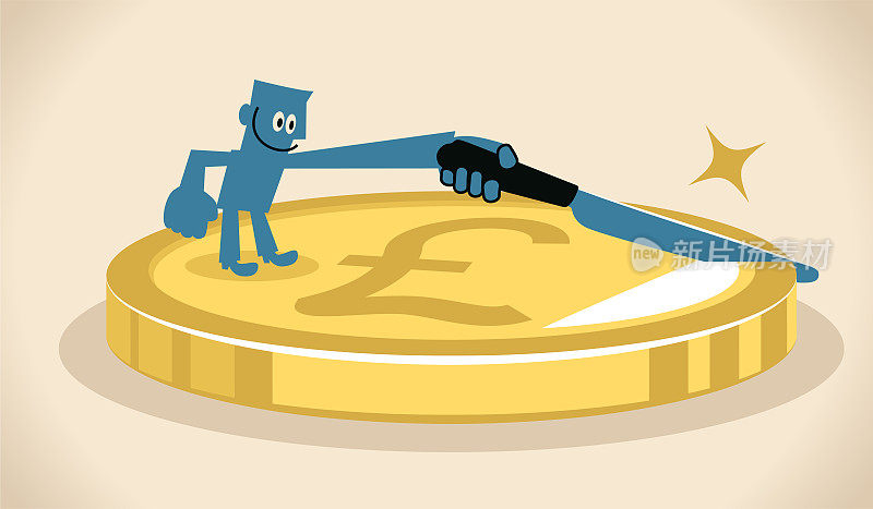 Businessman holding a knife to cut a big gold pound sign currency coin